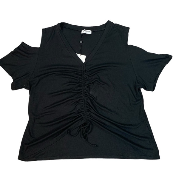 Revolve LNA Brighton Top in Black Size 3X Plus Cold Shoulder V Neck Ruched - Picture 9 of 13